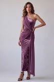 Vintage Mauve Velvet Sheath One Shoulder Long Holiday Dress with Sash