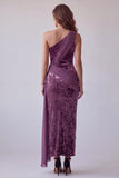 Vintage Mauve Velvet Sheath One Shoulder Long Holiday Dress with Sash