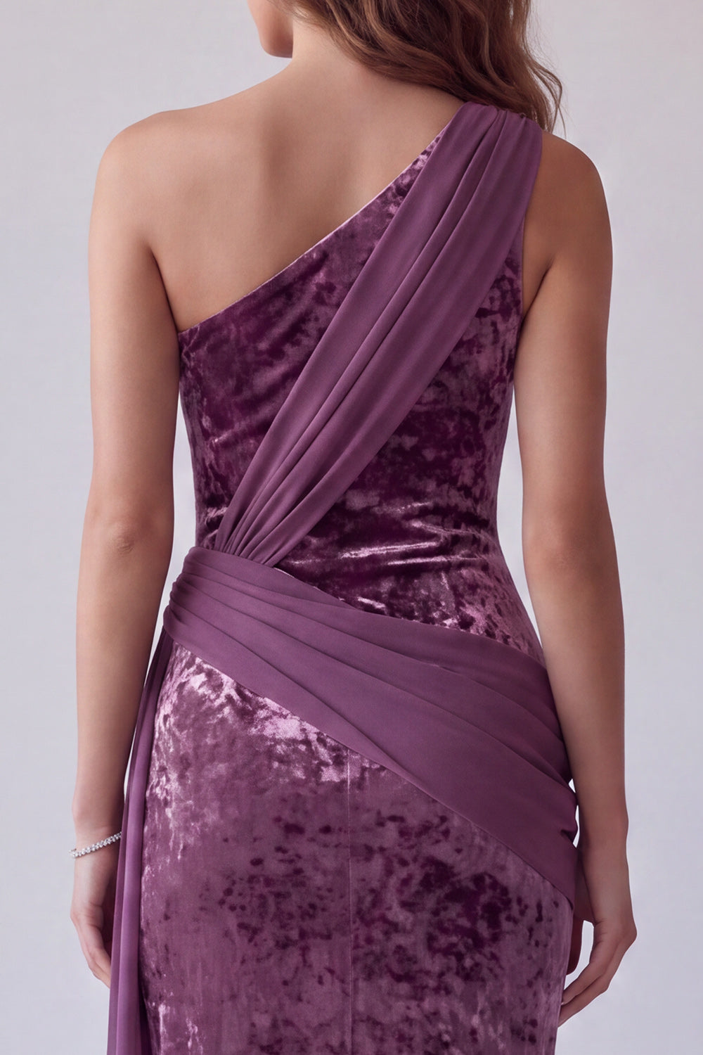 Vintage Mauve Velvet Sheath One Shoulder Long Holiday Dress with Sash