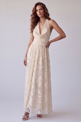 Ivory Floral A Line Halter Ruched Backless Long Formal Dress