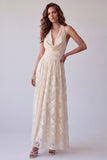 Ivory Floral A Line Halter Ruched Backless Long Formal Dress