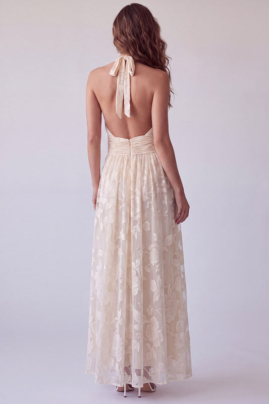 Ivory Floral A Line Halter Ruched Backless Long Formal Dress
