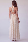Ivory Floral A Line Halter Ruched Backless Long Formal Dress