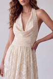 Ivory Floral A Line Halter Ruched Backless Long Formal Dress