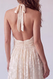Ivory Floral A Line Halter Ruched Backless Long Formal Dress