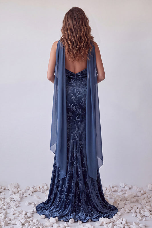 Navy Floral Mermaid Ruched Long Velvet Holiday Dress with Neck Scarf
