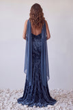 Navy Floral Mermaid Ruched Long Velvet Holiday Dress with Neck Scarf