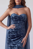 Navy Floral Mermaid Ruched Long Velvet Holiday Dress with Neck Scarf