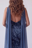 Navy Floral Mermaid Ruched Long Velvet Holiday Dress with Neck Scarf