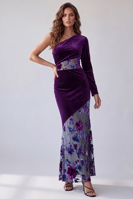 Plum Velvet Floral Sheath One Shoulder Long Sleeve Holiday Dress