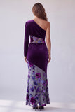 Plum Velvet Floral Sheath One Shoulder Long Sleeve Holiday Dress