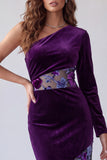 Plum Velvet Floral Sheath One Shoulder Long Sleeve Holiday Dress