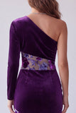 Plum Velvet Floral Sheath One Shoulder Long Sleeve Holiday Dress