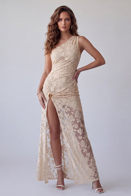 Ivory Floral Lace Sheath One Shoulder Long Formal Dress with Slit