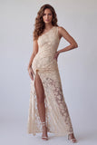 Ivory Floral Lace Sheath One Shoulder Long Formal Dress with Slit
