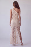 Ivory Floral Lace Sheath One Shoulder Long Formal Dress with Slit