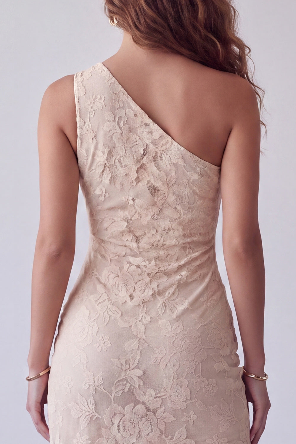 Ivory Floral Lace Sheath One Shoulder Long Formal Dress with Slit