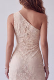 Ivory Floral Lace Sheath One Shoulder Long Formal Dress with Slit