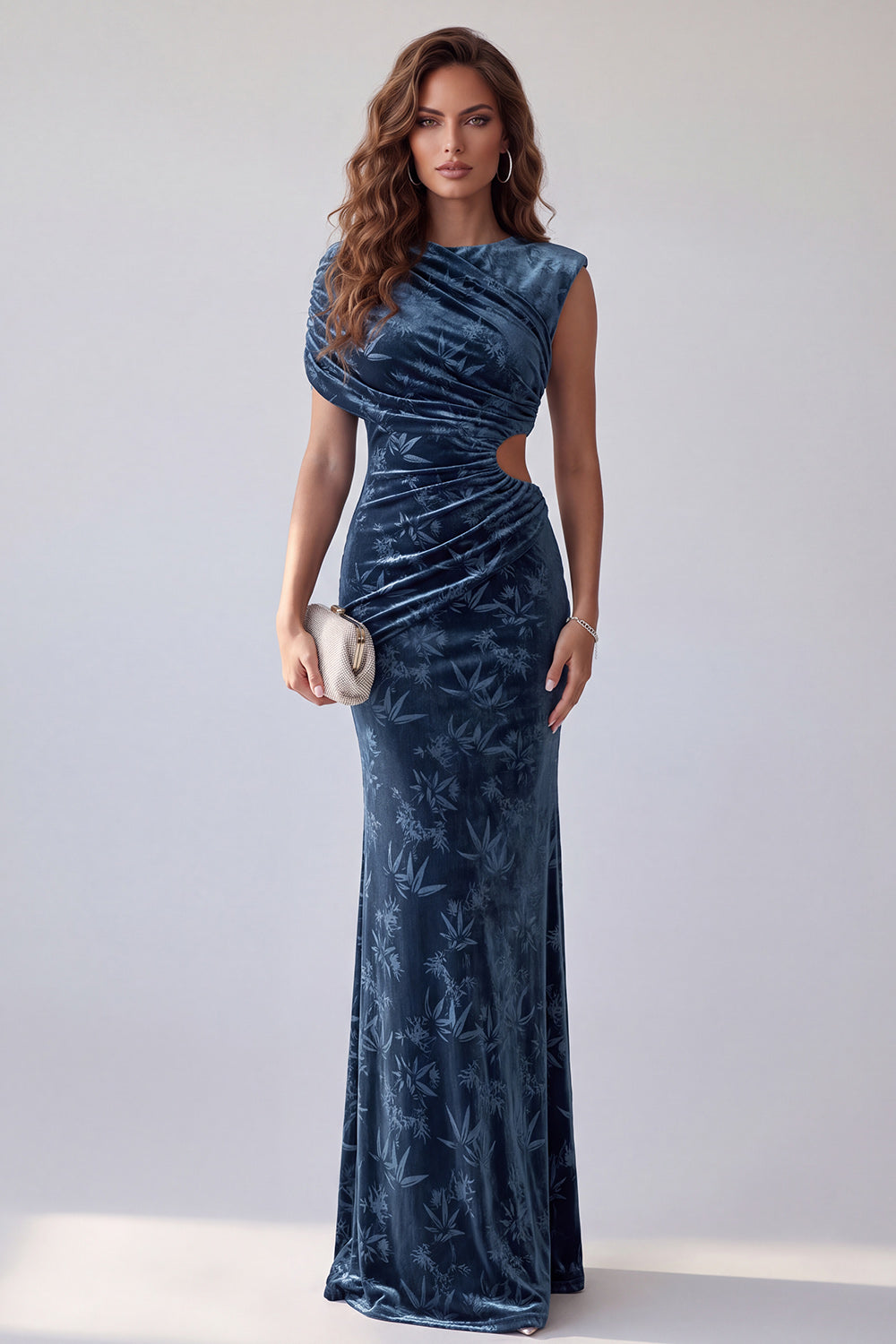 Navy Floral Mermaid Velvet Ruched Cut Out Long Holiday Dress