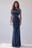 Navy Floral Mermaid Velvet Ruched Cut Out Long Holiday Dress