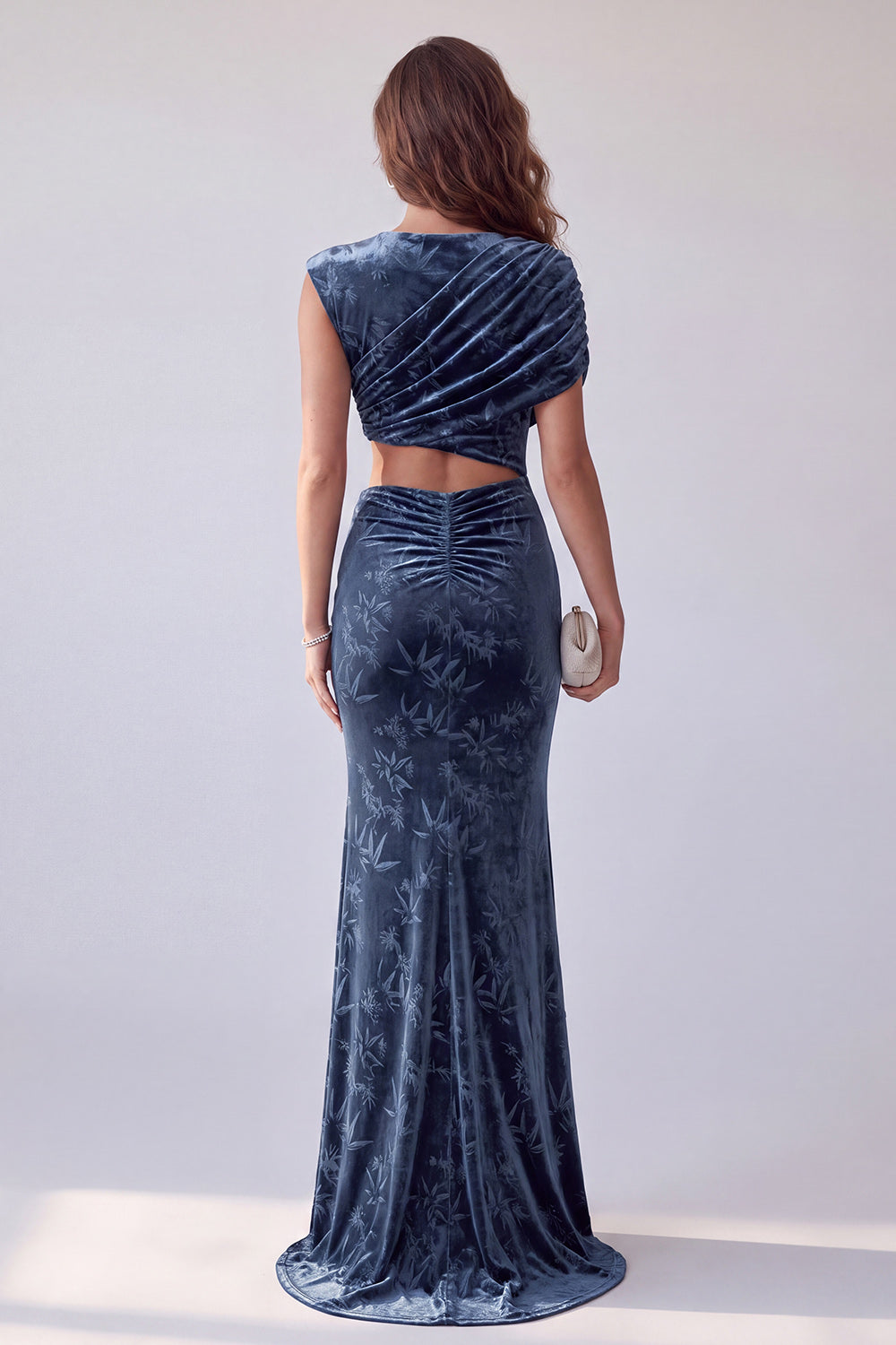 Navy Floral Mermaid Velvet Ruched Cut Out Long Holiday Dress