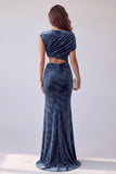Navy Floral Mermaid Velvet Ruched Cut Out Long Holiday Dress