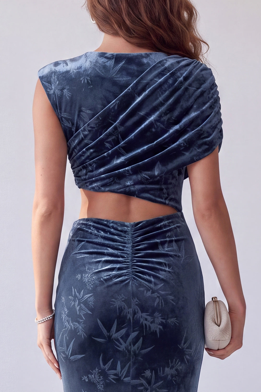 Navy Floral Mermaid Velvet Ruched Cut Out Long Holiday Dress