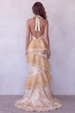 Champagne Floral Halter Jacquard Tiered Ruffled Long Formal Dress