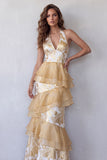 Champagne Floral Halter Jacquard Tiered Ruffled Long Formal Dress
