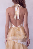 Champagne Floral Halter Jacquard Tiered Ruffled Long Formal Dress