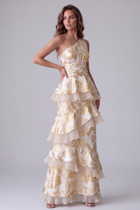Champagne Floral One Shoulder Jacquard Tiered Ruffled Long Formal Dress