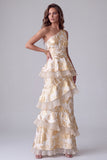 Champagne Floral One Shoulder Jacquard Tiered Ruffled Long Formal Dress