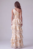 Champagne Floral One Shoulder Jacquard Tiered Ruffled Long Formal Dress