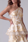 Champagne Floral One Shoulder Jacquard Tiered Ruffled Long Formal Dress
