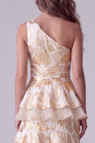 Champagne Floral One Shoulder Jacquard Tiered Ruffled Long Formal Dress