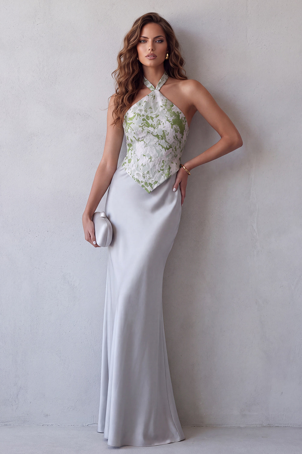 Grey Floral Satin Halter Sheath Long Formal Dress