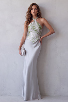 Grey Floral Satin Halter Sheath Long Formal Dress