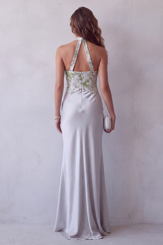 Grey Floral Satin Halter Sheath Long Formal Dress