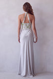 Grey Floral Satin Halter Sheath Long Formal Dress