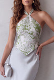 Grey Floral Satin Halter Sheath Long Formal Dress