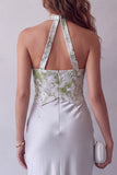 Grey Floral Satin Halter Sheath Long Formal Dress