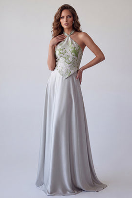Grey Floral A Line Satin Jacquard Halter Long Formal Dress