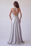 Grey Floral A Line Satin Jacquard Halter Long Formal Dress