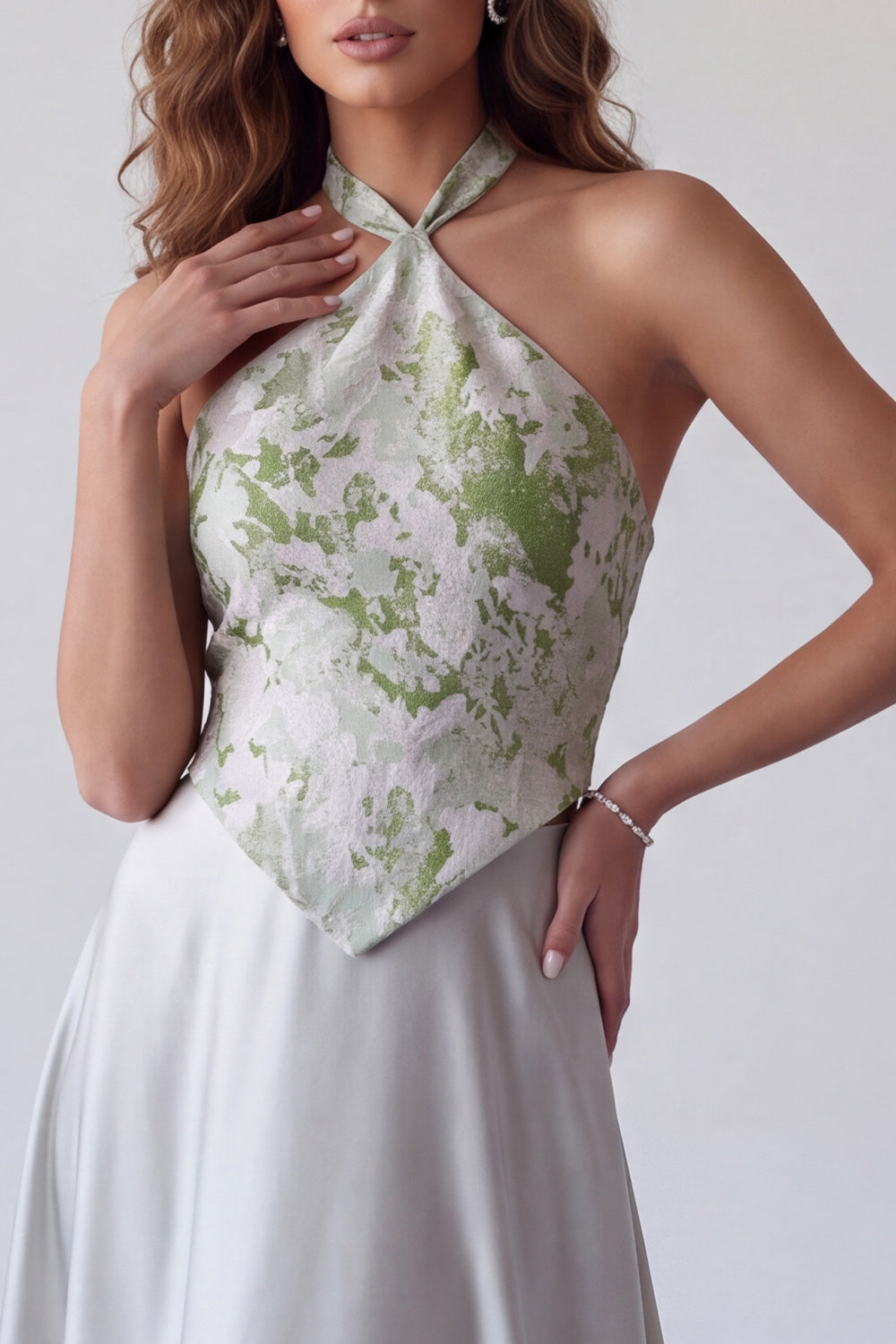 Grey Floral A Line Satin Jacquard Halter Long Formal Dress