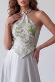 Grey Floral A Line Satin Jacquard Halter Long Formal Dress