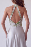 Grey Floral A Line Satin Jacquard Halter Long Formal Dress