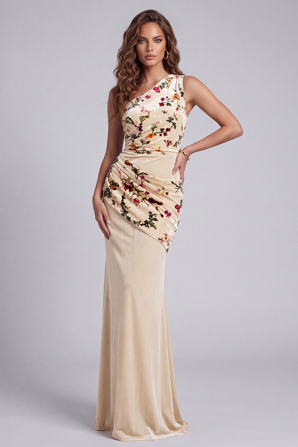 Champagne Floral Mermaid One Shoulder Ruched Velvet Long Holiday Dress