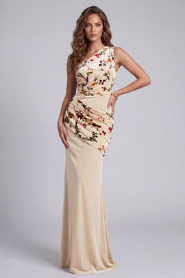 Champagne Floral Mermaid One Shoulder Ruched Velvet Long Holiday Dress
