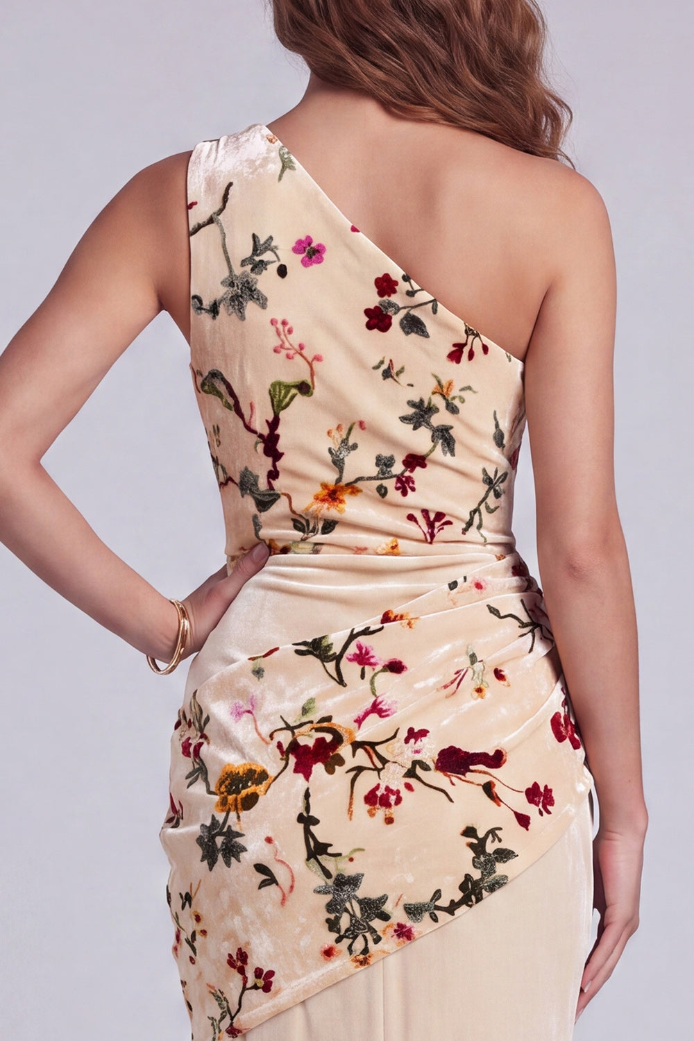 Champagne Floral Mermaid One Shoulder Ruched Velvet Long Holiday Dress