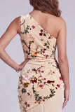 Champagne Floral Mermaid One Shoulder Ruched Velvet Long Holiday Dress